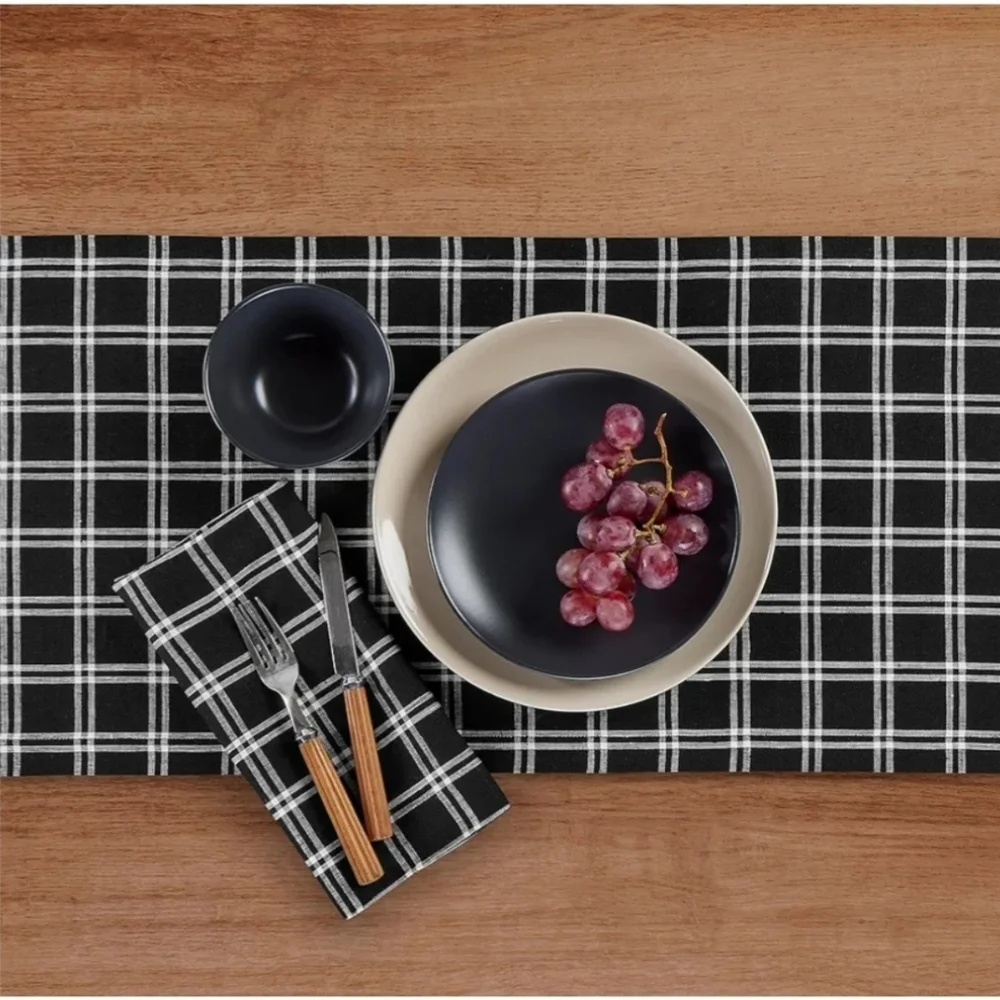 New Solino Black Plaid 100% Pure Linen 14 x 90 Table Runner
